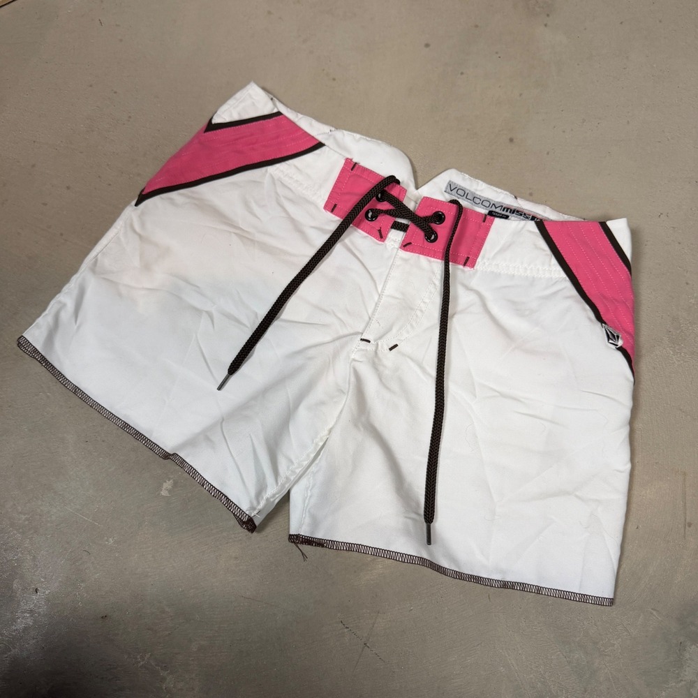 Volcom Miss Mod mini Board Shorts Womens 1 White Pink Y2K Lace Up Surf Swimwear